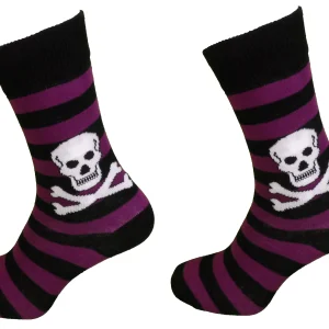 LADIES 2 PAIR Purple STRIPED SKULL AND CROSSBONE SOCKS
