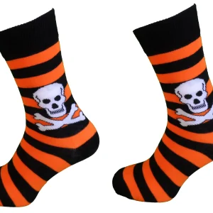 Ladies 2 Pair Orange Striped Skull and Crossbone Socks