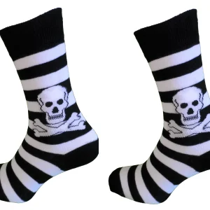 Ladies 2 Pair Black/White Striped Skull and Crossbone Socks