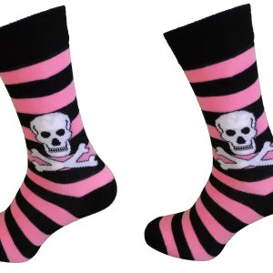 LADIES 2 PAIR Pink STRIPED SKULL AND CROSSBONE SOCKS