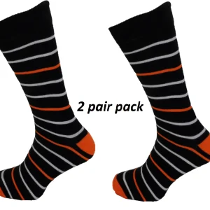 Mens 2 Pair Pack Black Orange and White Striped Retro Socks