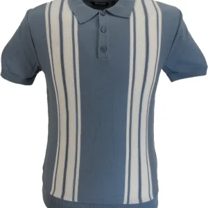 Relco Mens Sky Blue Retro Striped Knitted Polo Shirts